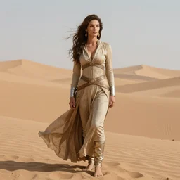 a portrait of a beautiful exotic female fremen in a still suit, on dune, by artgerm michael whelan gustav klimpt