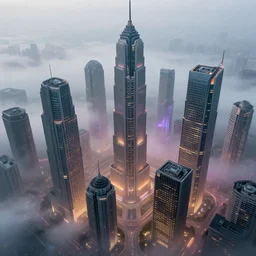 hyperrealistic matte painting of complex buildings above a mysterious fog, modern architecture, art deco architecture, cyberpunk style, vivid lights, concept art, by paul lehr and hugh ferris and noriyoshi ohrai