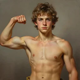 hyperrealistic painted portrait of rugged young teen twink zeus greek god showing biceps, handsome handsome detailed, digital painting, trending artstation, concept art, sharp focus, illustration art by alphonse mucha greg rutkowski