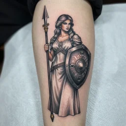 tattoo design, a female valkyrie holding a sheild and spear wearing a white dress