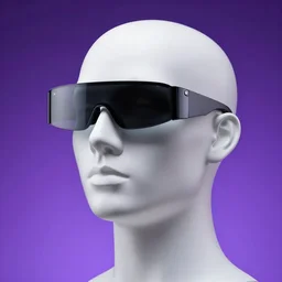 white human head model wearing futuristic cyclop glasses, purple gradient background, Sony a7 IV, studio lighting