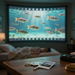 fishes popping out of curved movie screen, fishes floating in bedroom, volumetric lighting, sleeping, pair of keycards on table, bokeh, creterion collection, shot on 7 0 mm, instax