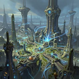 a protoss cityscape with advanced technology, inspired by the game starcraft. the city sprawling below is a mix of organic and inorganic, with swirling energy currents and strange crystalline structures, illustrated in a realistic and detailed style by wei wang, artstation