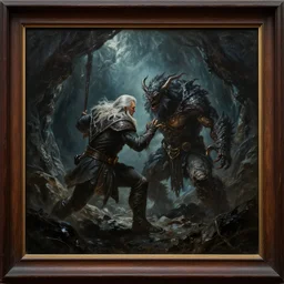 gandalf fighting a balrog, dark atmosphere, dark cave lighting, fantasy generation, oil painting framed