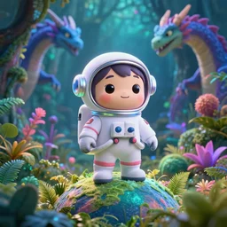 a still of a cute adorable tiny astronaut, on a planet of lush colorful foliage surrounded by monster dragons, magical forest, sharp focus, neon backlit, highly detailed, disney pixar studio ghibli makoto shinkai, digital painting, matte, octane render, cinematic volumetric lighting, global illumination, iridescent, anime, 8 k concept art