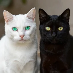 [white cat, green eyes], left in the picture, [black cat, yellow eyes], right in the picture