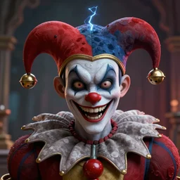 the evil jester smirking wearing cap with bells, lovecraft scene, detailed portrait, 3 d, intricate details, by vincent di fate, artgerm, 8 k, volumetric lightning, depth of field, coherent face, vivid colors