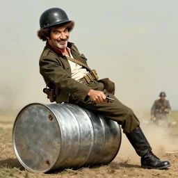 bob ross rolling a metal barrel in the vietnam war