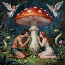 horror vacui depicting the garden of eden, adam and eve are eating a giant psychedelic mushroom, snakes and angels are in the background,