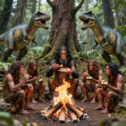 sigma 8 5 mm, photo, neanderthal people eating sushi, surrounded by dinosaurs!, gigantic forest trees, sitting on rocks, bonfire, close up camera on bonfire level