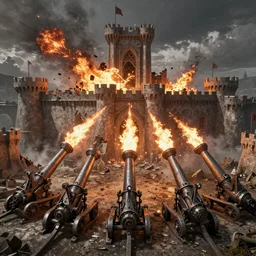five giant and powerful medieval catapults in the front, fireing on a medieval fortress far away, destroying the walls, fire and explosion, debris flying around, trending on artstation, style of peter mohrbacher, octane render, unreal engine