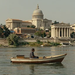 movie still of a man on a small boat on a river with ancient city backround, cinestill 8 0 0 t 3 5 mm, neoclassical architecture, ancient buildings, classical temples