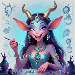 portrait of very happy jewel djinn jeweler in the style of Rob Lefield and Dan Mumford , trending on artstation, digital art,surrealism ,macro,blueprint ,vaporwave ,