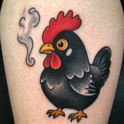 close up portrait of a cute Black Chicken with a red comb, smoking, cybercannabis vibes,  style of tattoo by Norman Rockwell