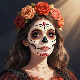 Illustration of a sugar skull day of the dead girl, art by vincent di fate