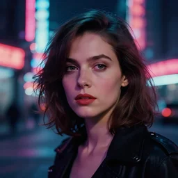 A hyper realistic and detailed head portrait photography of a Rachael of Blade Runner, Sean Young, on a futuristic street. by Annie Leibovitz. Neo noir style. Cinematic. neon lights glow in the background. Cinestill 800T film. Lens flare. Helios 44m