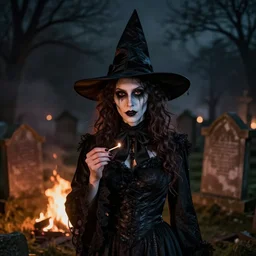 portrait photo still of a spooky ghoulish victorian witch holding a match, wearing a witches hat, in front of an old cemetery on fire at night, 8 k, 8 5 mm f 1. 8