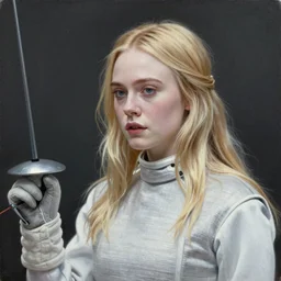 Painting of Elle Fanning fencing, long blonde hair, delicate, pale milky white porcelain skin, by Edmund Leighton. 8K. Extremely detailed.