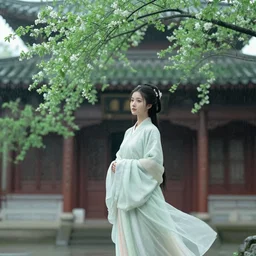 a beautiful picture of a girl in hanfu, a temple covered with green and spots blooming, in rainy day, by greg rutkowski and thomas kinkade, trending on artstation