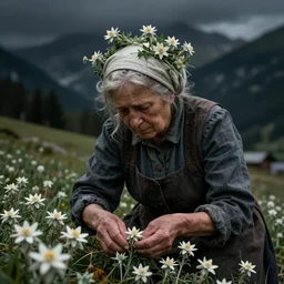 old _ alpine _ female farmer _ head _ being _ overgrown _ by _ edelweiss _ dolomites _ dark _ eerie _ despair _ portrait _ photography _ artstation _ digital _ art _ adward _ winning