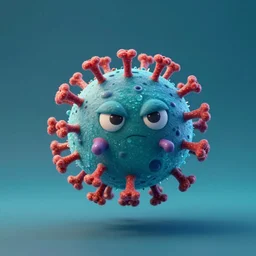 a full studio shot of an airborne virus as a pixar character against a dark cyan backdrop. its cute, evil and adorable. hyper realistic photo, full color, upscale, 8 k.
