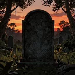 backlight gravestone backlight jungle panorama with dramatic mood and sunset by frazetta