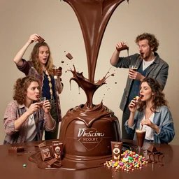 most absurd and crazy surreal photoshoot for advertisement photoshoot lookbook for chocolate brand, people playing and throwing melted chocolate, people pouring chocolate on top of each other, drinking and celebration of chocolate and candy, 8 k, artstation, art by artgerm and greg rutkowski and alphonse mucha