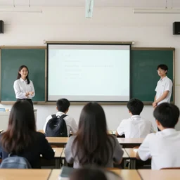 a group of five students presenting in front of classroom, hd photography