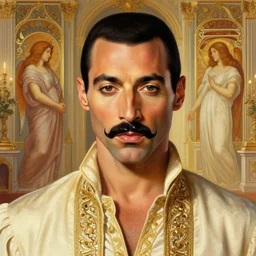 symmetry portrait of freddie mercury as a persian prince, with large glossy mustache, glam, noble drawing room background, intricate, elegant, highly detailed, digital painting, artstation, concept art, smooth, sharp focus, illustration, art by artgerm and greg rutkowski and fra angelico and alphons mucha