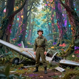 conceptual art of a young pilot and a crashed plane in the middle of a magical and colorful forest