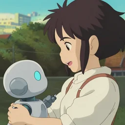 anime fine details portrait of joyful school girl talk with robot, city landscape on the background deep bokeh, profile close-up view, anime masterpiece by Studio Ghibli. 8k, sharp high quality anime