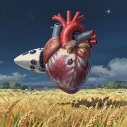 A futuristic spaceship looking like a human heart, floating over a wheat field, starry night, evil, by Makoto Shinkai and thomas kinkade, digital painting, Matte painting, trending on artstation and unreal engine