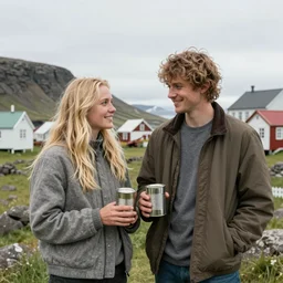 a sketch of a young blonde couple holding a tin can in a remote icelandic village