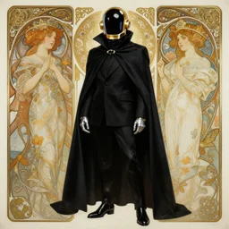 painting Daft Punk in black cloak, elegant, intricate, highly detailed, digital painting, artstation, concept art, sharp focus, illustration, art by artgerm and greg rutkowski and alphonse mucha