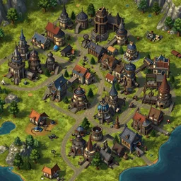 warcraft like map of steampunk small town, hyper detailed, intrincated, vivid color scheme, sharp focus, clear image