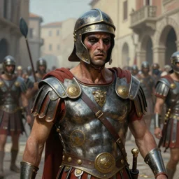 a highly detailed matte portrait painting of a scarred and frightful roman gladiator on a roman street, 1 0 0 ad, in the style of greg rutkowski and remedios varo, ultra realistic, detailed, intricate, full of color, 4 k, hyperrealistic, focused, extreme details, masterpiece