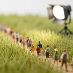 photo still of realistic miniature crowd walking through tall grass, bokeh, dynamic perspective, 8 k, studio lighting bright ambient lighting key light, 8 5 mm f 1. 8