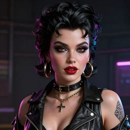 an intricately detailed ultra - realistic unreal engine 5 rendering of a portrait of rockabilly cyberpunk neon - leather bound betty page, concept art, intricate details, eerie, highly detailed, photorealistic, octane render, 8 k uhd art by kilian eng