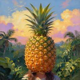 closeup, giant pineapple as a head, girl surrounded by djungle, surreal photography, golden hour, colorful clouds, impressionist painting, digital painting, artstation, simon stalenhag