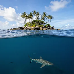 the sea is cut in the middle of the photo, from above you can see the island with palm trees and the sky, from below you can see fish and sharks and algae