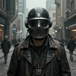 dreary realism portrait of masked diesel punk helmet on the art deco streets of the big city, artstation, award - winning realistic sci - fi concept art by jim burns and greg rutkowski, beksinski, a realism masterpiece, muted color palette, james gilleard, bruegel, alphonse mucha, and yoshitaka amano
