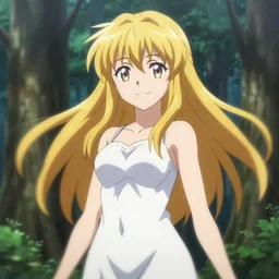 isekai beautiful grinning anime girl hestia danmachi, kamisama standing in forest. flat face. beautiful face, catchlight, aesthetic, golden ratio. beautiful lineart, ranking on contest, artstation, soft lighting, artistic pose, character concept, cinematic, motion blur, chromatic abberation. anime tv screenshot. sankakucomplex