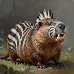 Rare mythical creature - hybrid of beaver and zebra, having zebra beautiful body and beaver head with big and scary tooth, oil on canvas, fantasy, digital painting, concept art, smooth, sharp focus, illustration, artstation trending, octane render, unreal engine