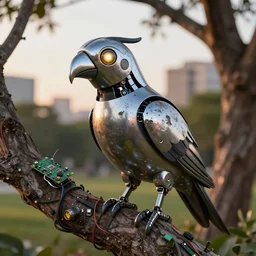 robot parrot bird with chrome beak, metal wings, perched in a city park tree at golden hour, led lights, electronics circuit board and wires, grunge and dirt, glowing eye, sharp details, octane render, designed by apple and tesla