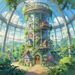 a heavenly dream view from the interior of my cozy giant futuristic greenhouse tower dream world filled with color from a Makoto Shinkai oil on canvas inspired pixiv dreamy scenery art majestic fantasy scenery fantasy pixiv scenery art inspired by magical fantasy exterior illumination of awe and wonder