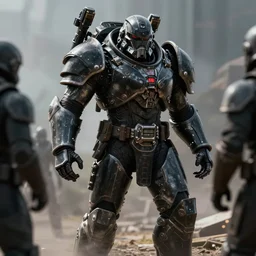 black armor helghast soldier kerberos panzer cop sith trooper hybrid in a still of illang the wolf brigade ( 2 0 1 8 ) film, vfx, post processed