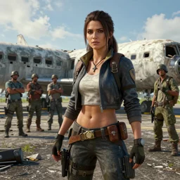 fallout 5 : miami, charismatic beautiful rugged brunette female protagonist and companion, portrait, outdoors ruined airport, atmospheric lighting, painted, intricate, volumetric lighting, beautiful, summer, sunny weather, few clouds, sharp focus, deep colours, ultra detailed, by leesha hannigan, ross tran, thierry doizon, kai carpenter, ignacio fernandez rios