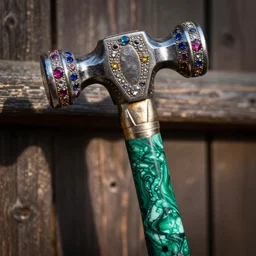 realistic beautiful hdr photograph of a royal hammer decorated with gemstones and a malachite handle