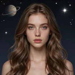 centered detailed portrait of an attractive young woman, slender symmetrical face, long wavy hair, futuristic, details, intricate, octane render, smooth, illustration, fairy lighting, big stars and planets in the background, hyperrealistic, by dmitry prozorov, loish, and wlop, by artgerm and greg rutkowski and magali villeneuve