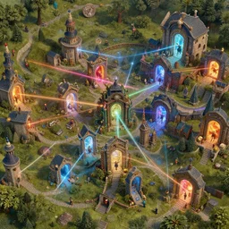 a myriad of tiny portals in a fantasy town, some with laser beams coming out of them,, alena aenami, petros afshar, noah bradley, anton fadeev, anato finnstark, steve henderson, filip hodas, mark keathley, thomas kinkade, phil koch, gilbert williams, mike winkelmann, beeple